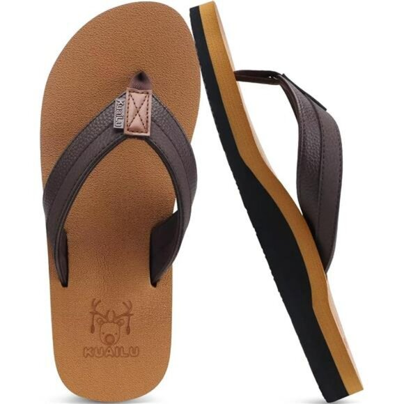 Mens Leather Flip Flops with Arch Support Yoga Mat Cushion Sandals Outdoor - Picture 1 of 7